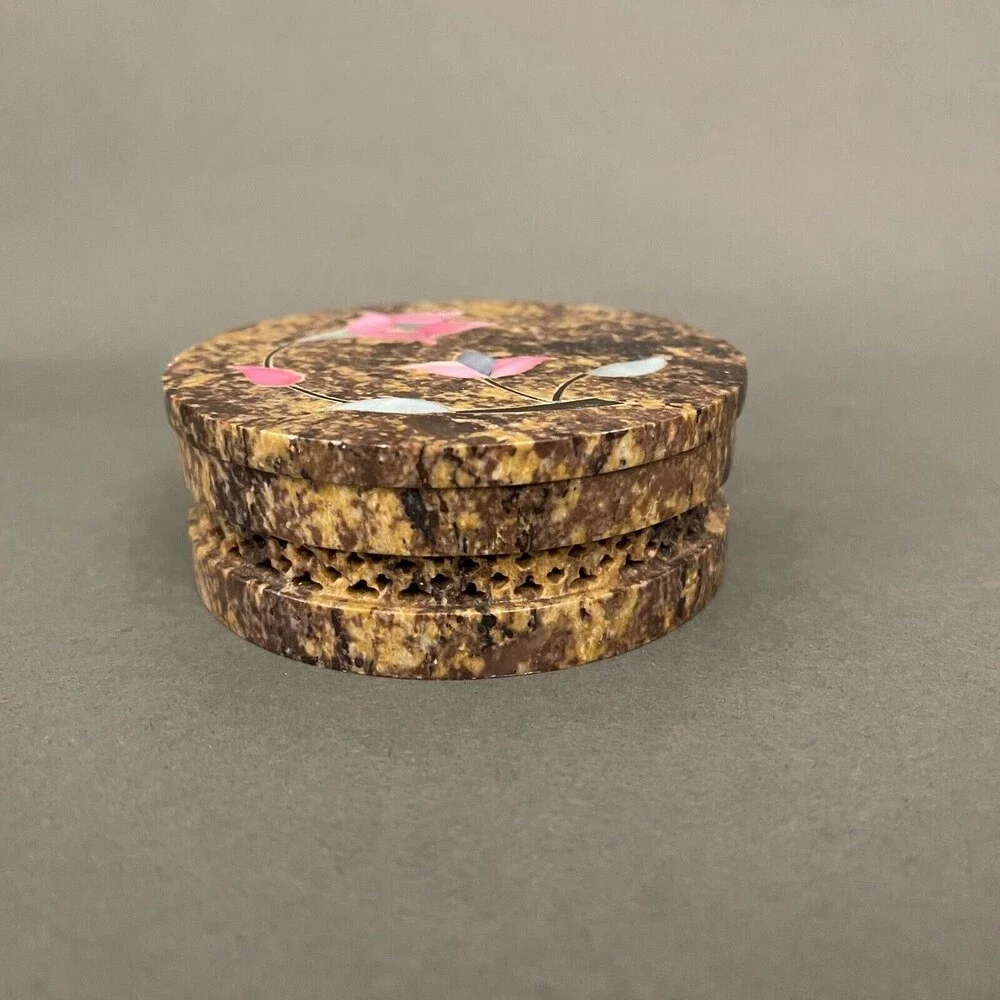 Round Marble Stone‎ Floral Flowers Trinket Jewelry Box